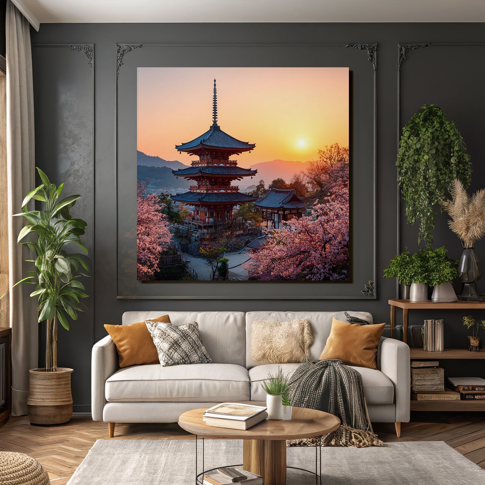 Schoner Japanischer Pagoda Bei Sonnenuntergang Umgeben Von Kirschblüten