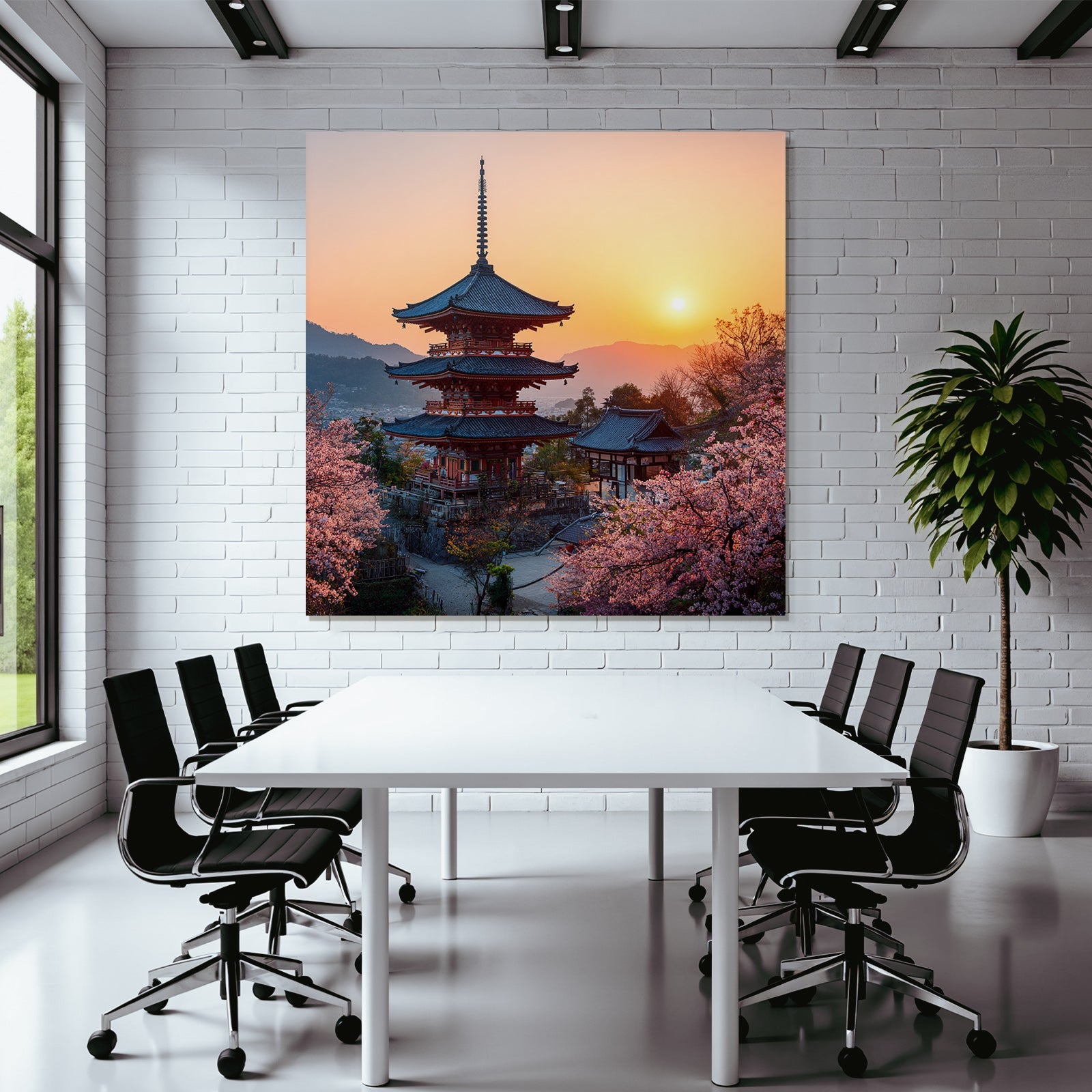 Schoner Japanischer Pagoda Bei Sonnenuntergang Umgeben Von Kirschblüten