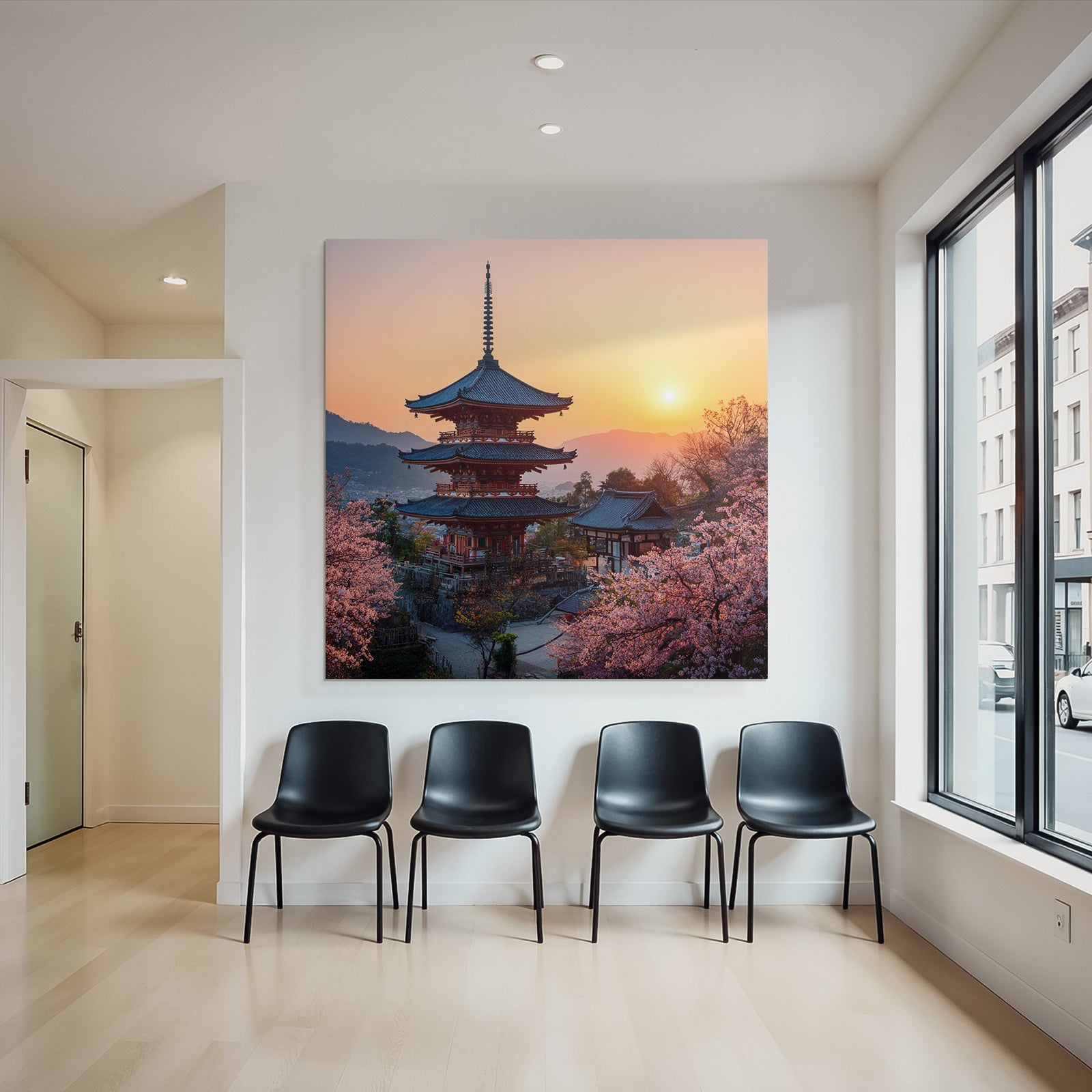 Schoner Japanischer Pagoda Bei Sonnenuntergang Umgeben Von Kirschblüten
