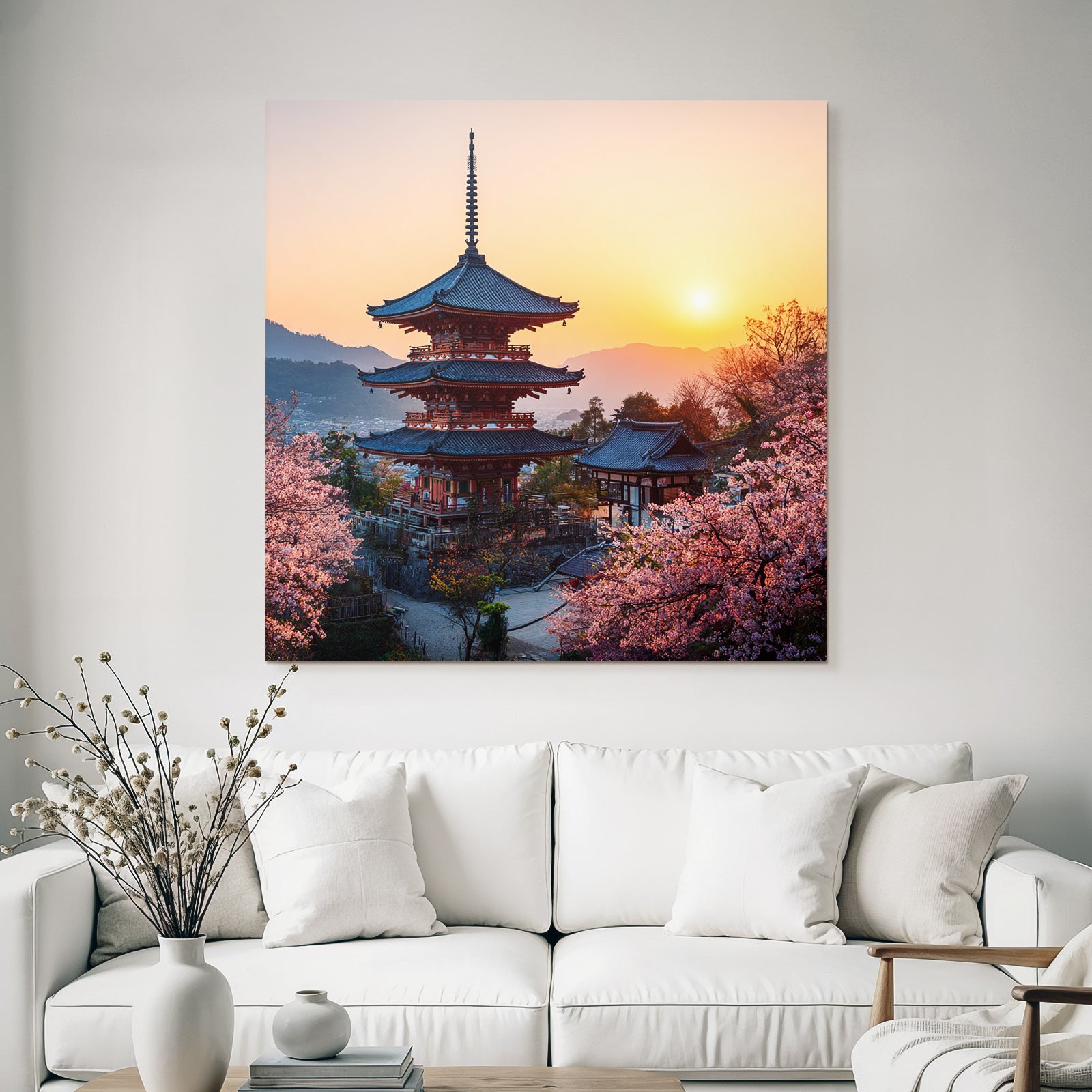 Schoner Japanischer Pagoda Bei Sonnenuntergang Umgeben Von Kirschblüten