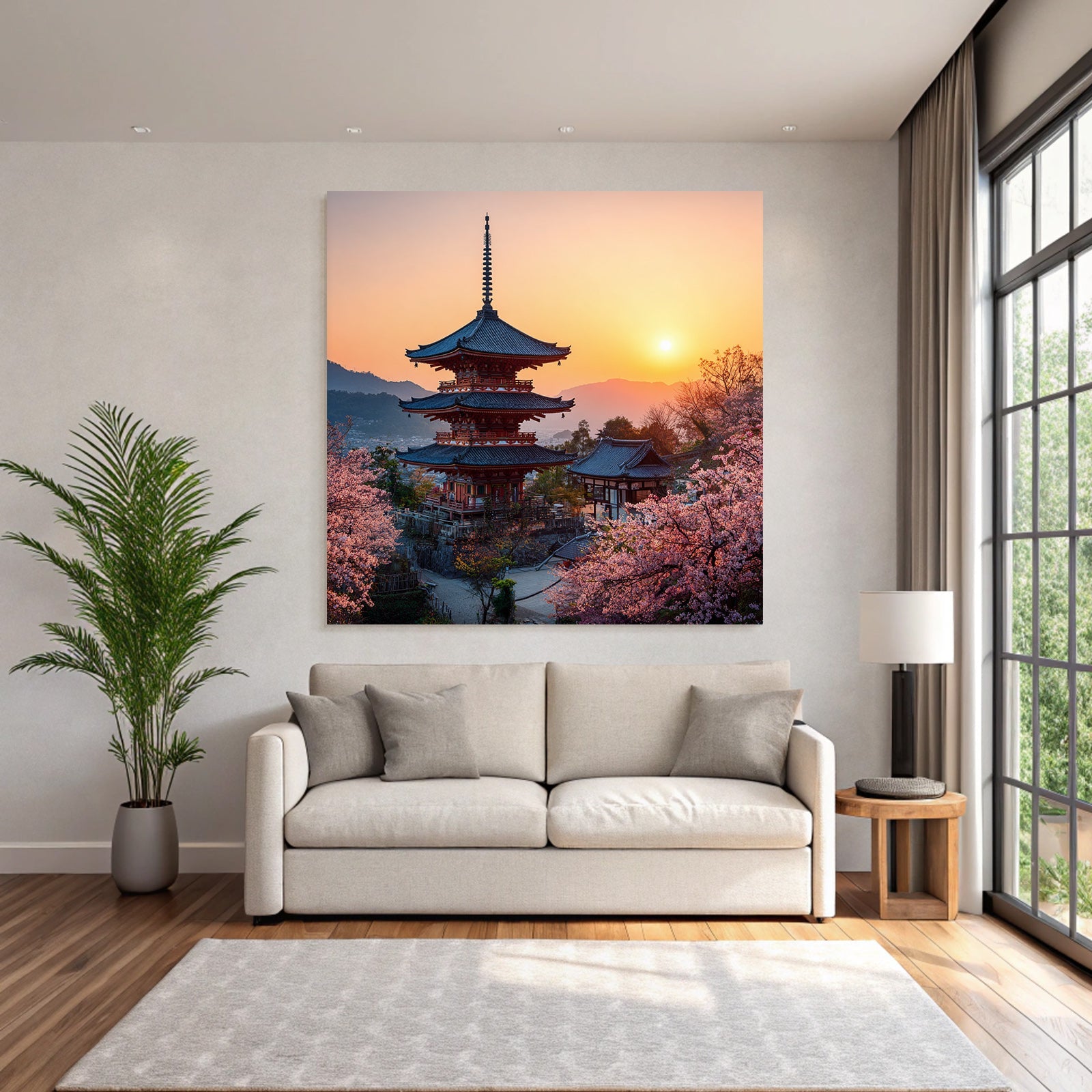 Schoner Japanischer Pagoda Bei Sonnenuntergang Umgeben Von Kirschblüten