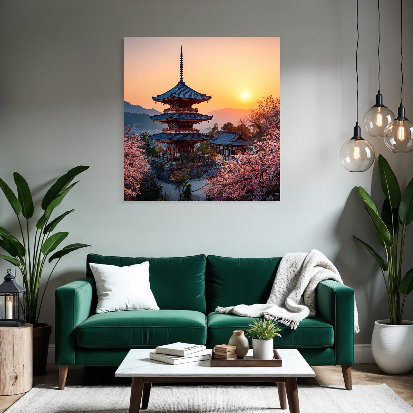Schoner Japanischer Pagoda Bei Sonnenuntergang Umgeben Von Kirschblüten
