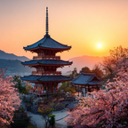 Schoner Japanischer Pagoda Bei Sonnenuntergang Umgeben Von Kirschblüten | Asien | Laender und Reisen