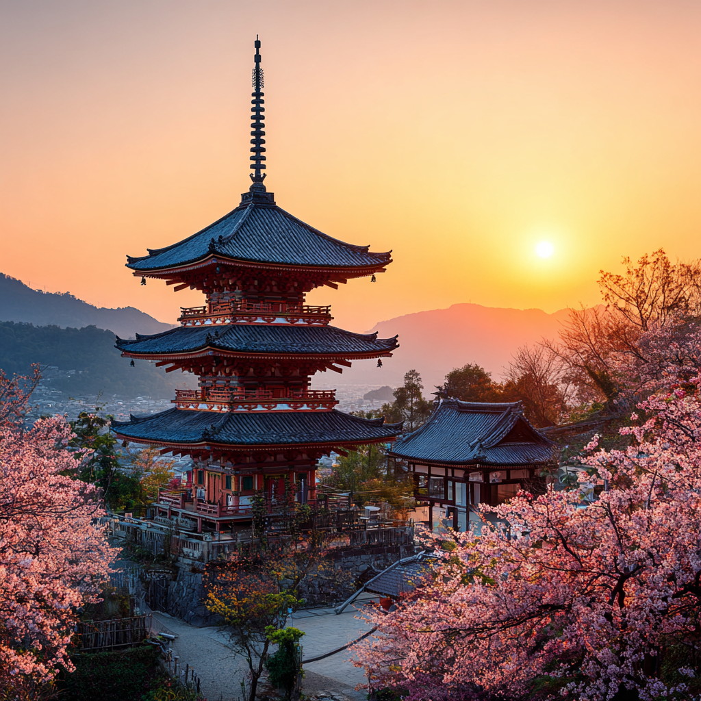 Schoner Japanischer Pagoda Bei Sonnenuntergang Umgeben Von Kirschblüten | Asien | Laender und Reisen