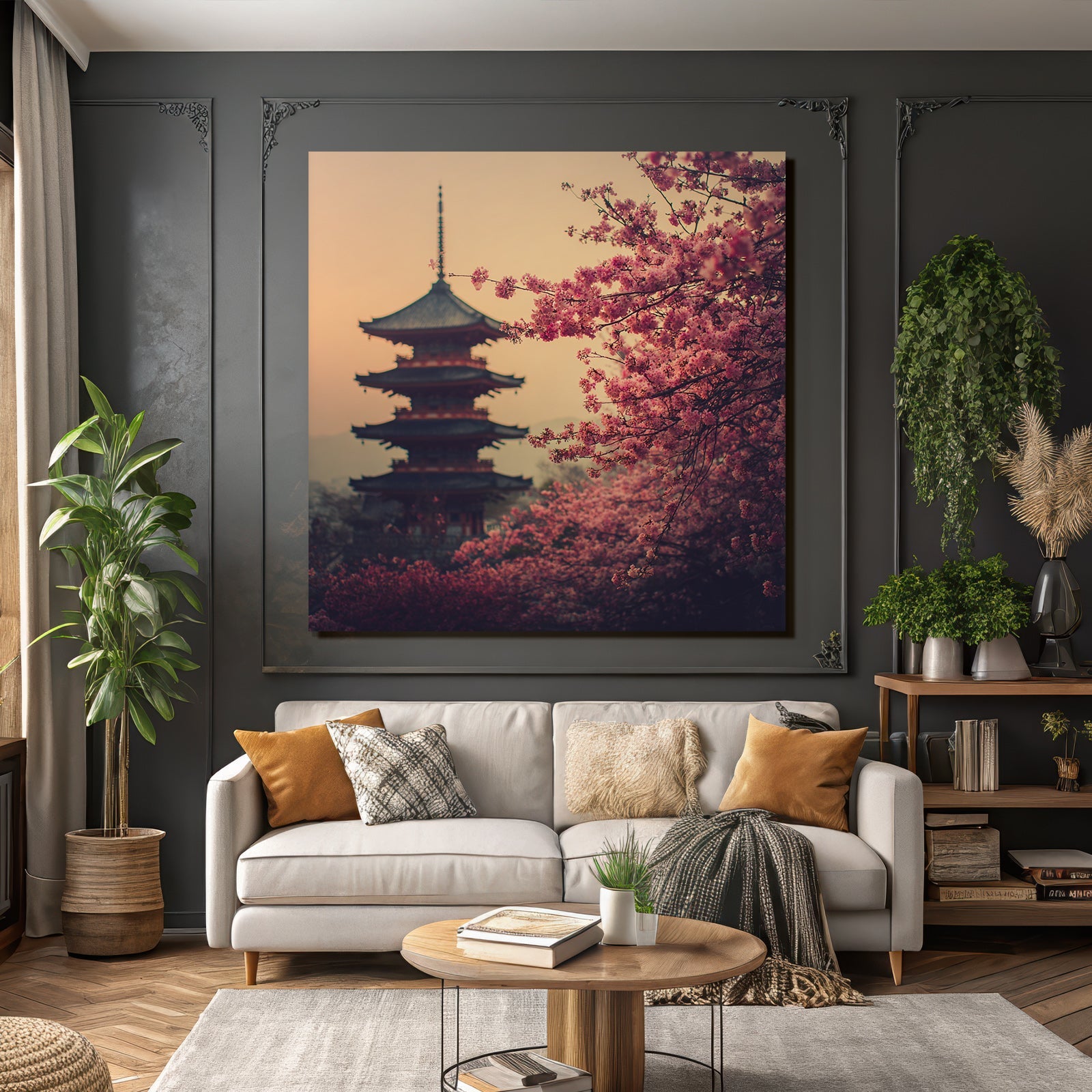 Sonnenuntergang Mit Pagode Und Kirschblüten