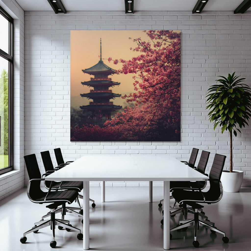 Sonnenuntergang Mit Pagode Und Kirschblüten