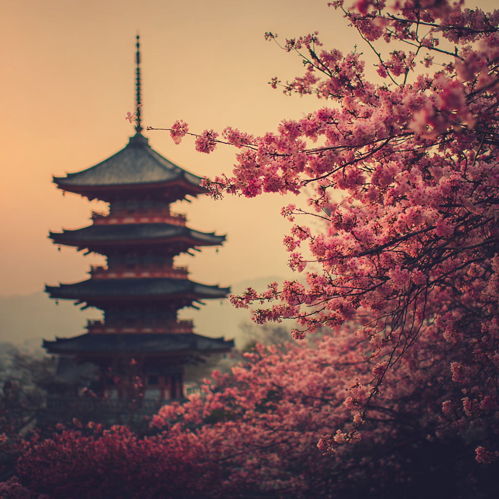 Sonnenuntergang Mit Pagode Und Kirschblüten | Asien | Laender und Reisen