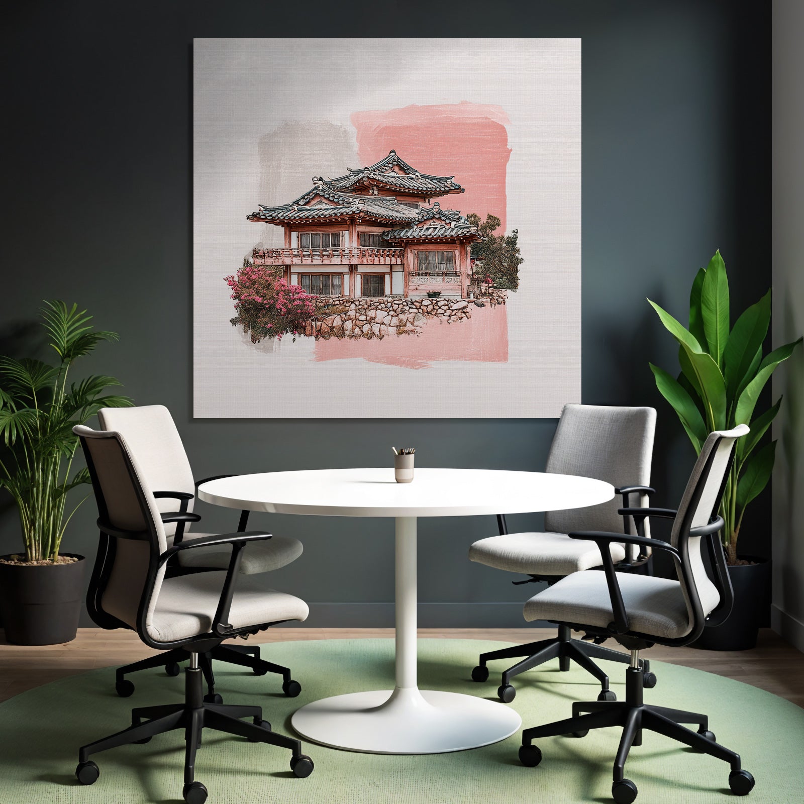 Traditionelles Koreanisches Haus Mit Geschwungenem Dach Und Pflaumenblüten