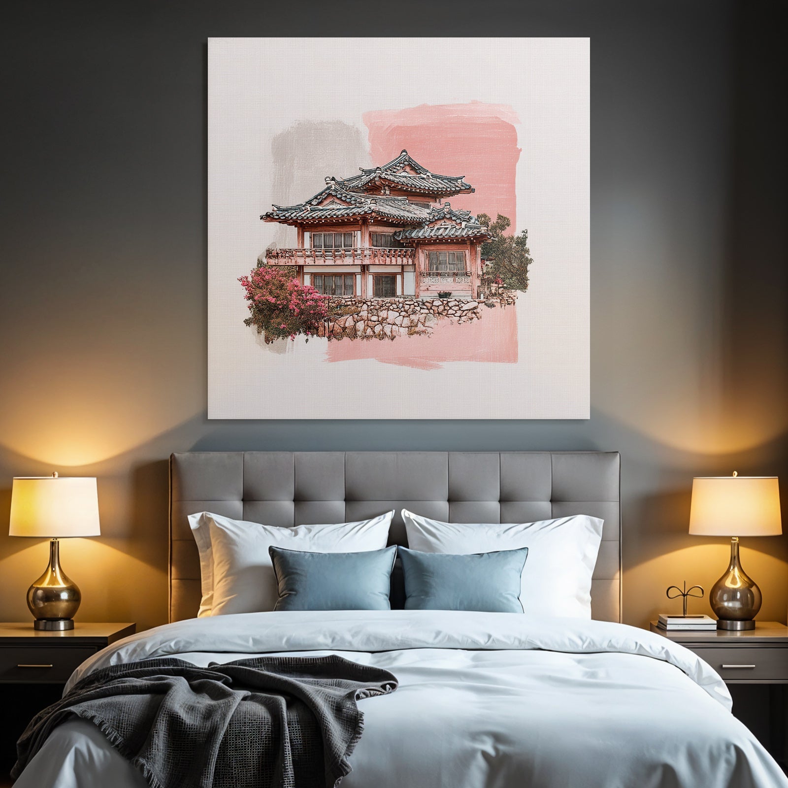 Traditionelles Koreanisches Haus Mit Geschwungenem Dach Und Pflaumenblüten