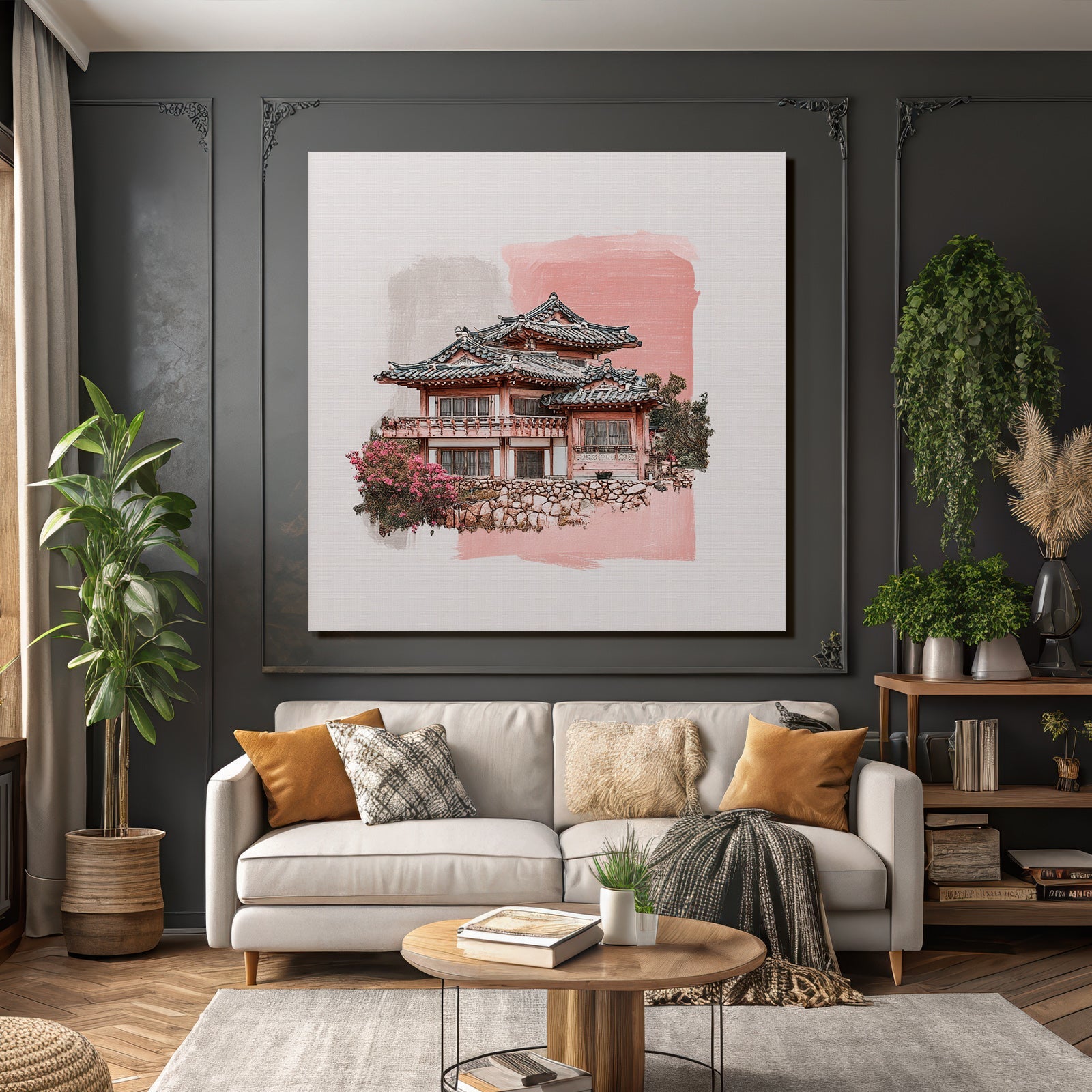 Traditionelles Koreanisches Haus Mit Geschwungenem Dach Und Pflaumenblüten