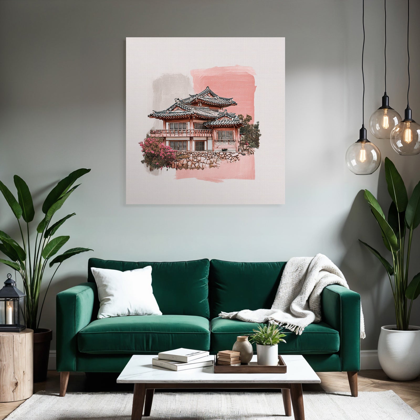 Traditionelles Koreanisches Haus Mit Geschwungenem Dach Und Pflaumenblüten