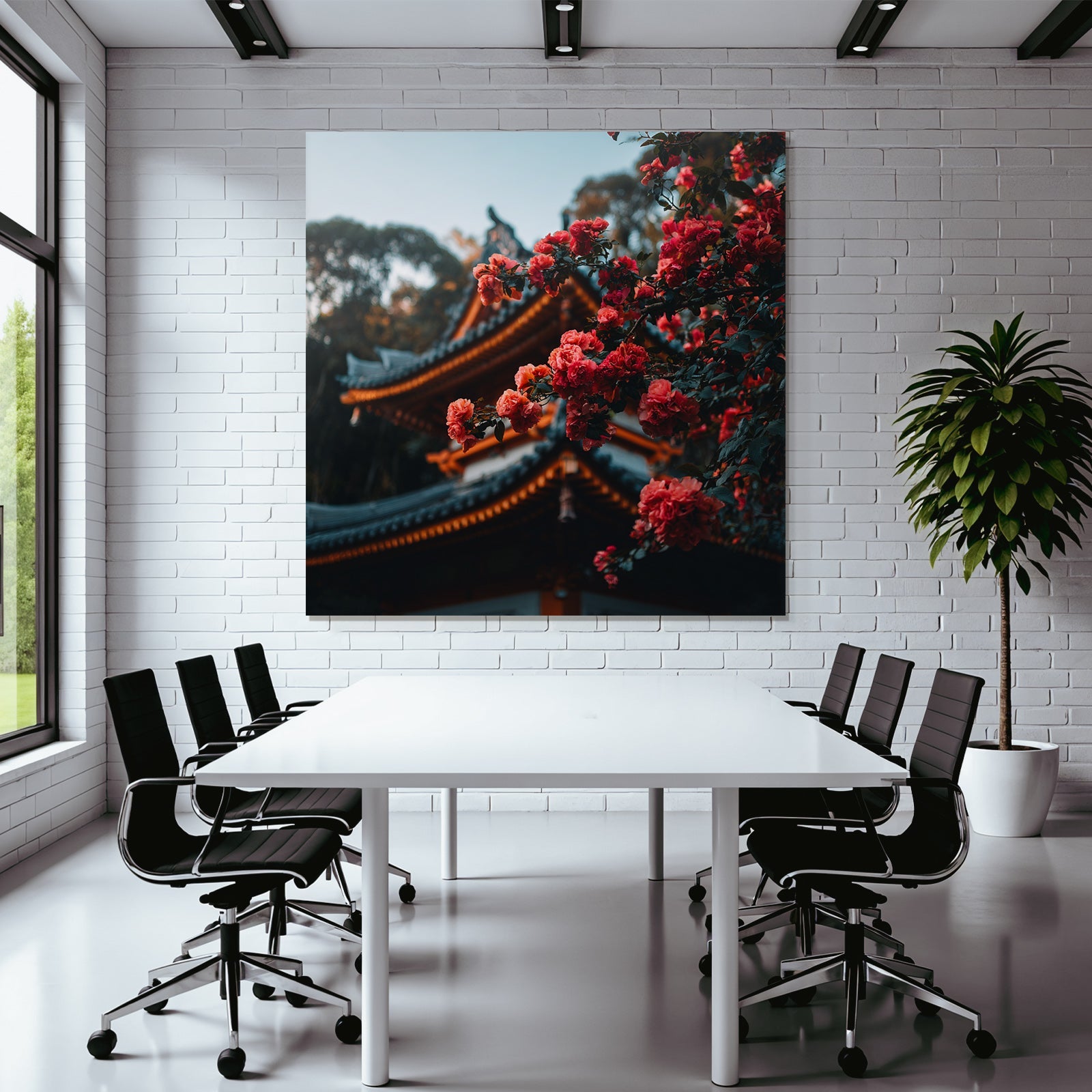 Zweig Roter Blumen Vor Ostasiatischem Gartenpavillon