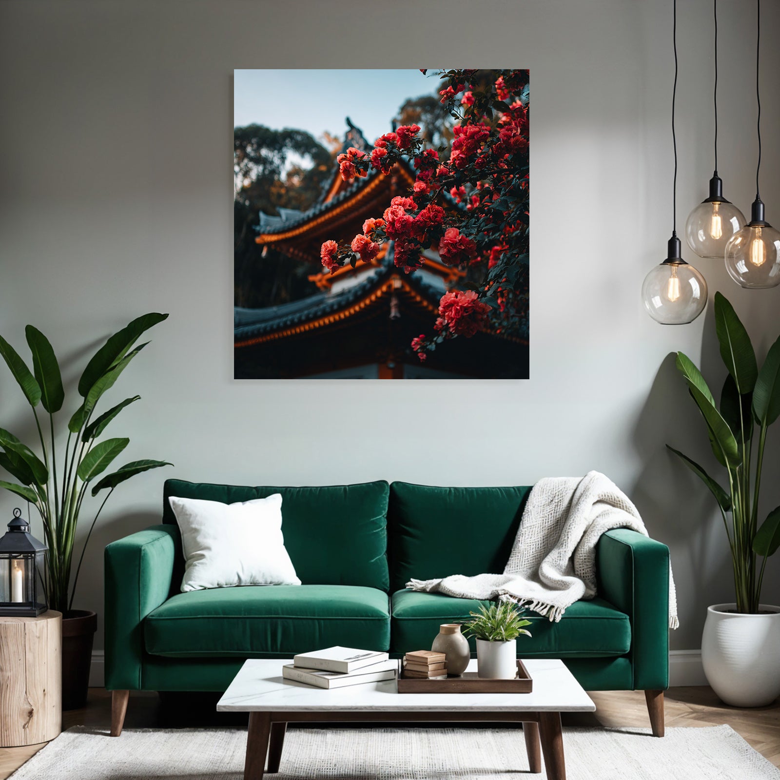 Zweig Roter Blumen Vor Ostasiatischem Gartenpavillon