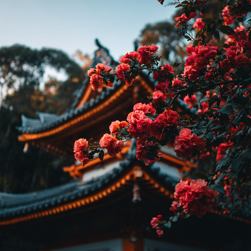 Zweig Roter Blumen Vor Ostasiatischem Gartenpavillon | Asien | Laender und Reisen