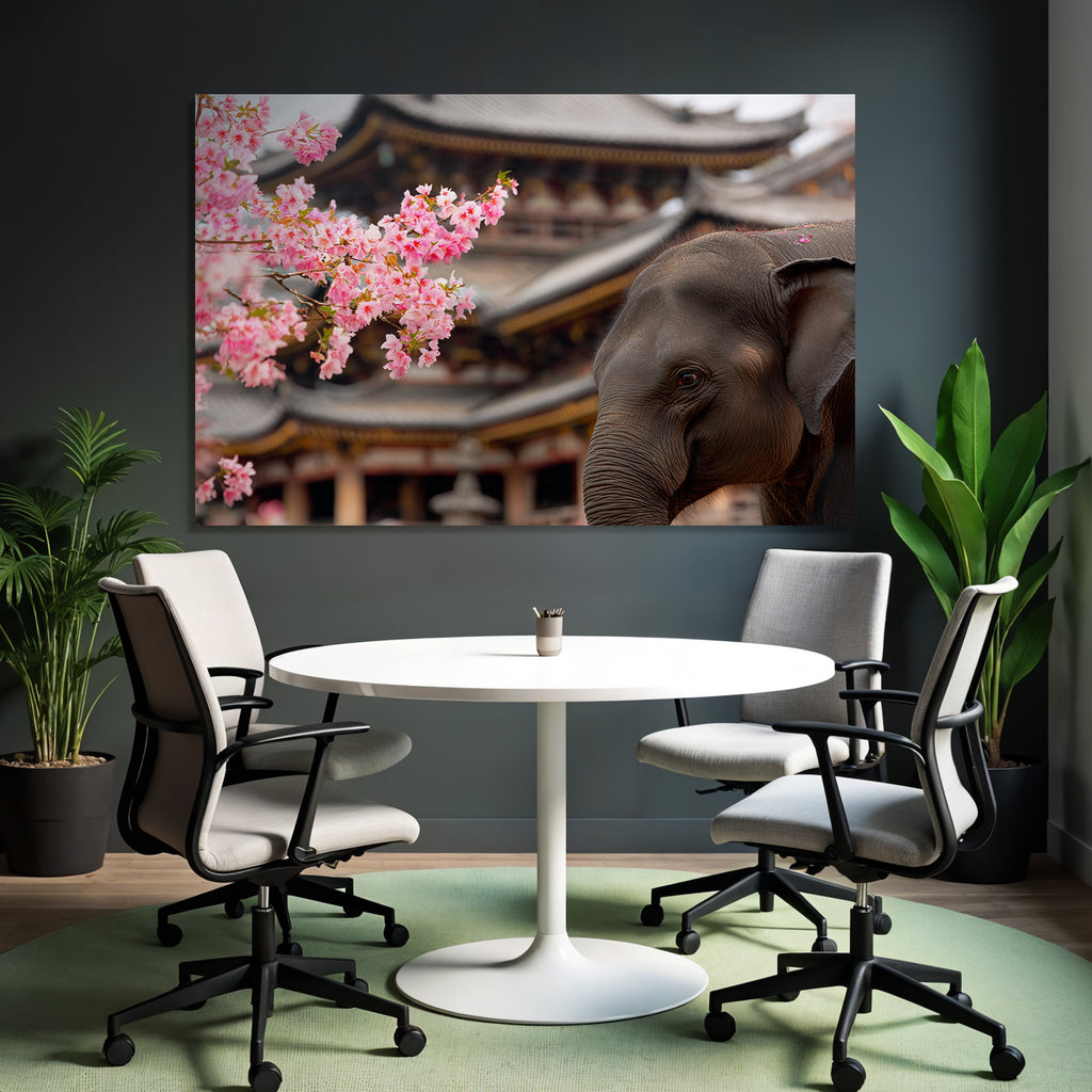 Elefant Vor Rosa Kirschblüten Und Tempel