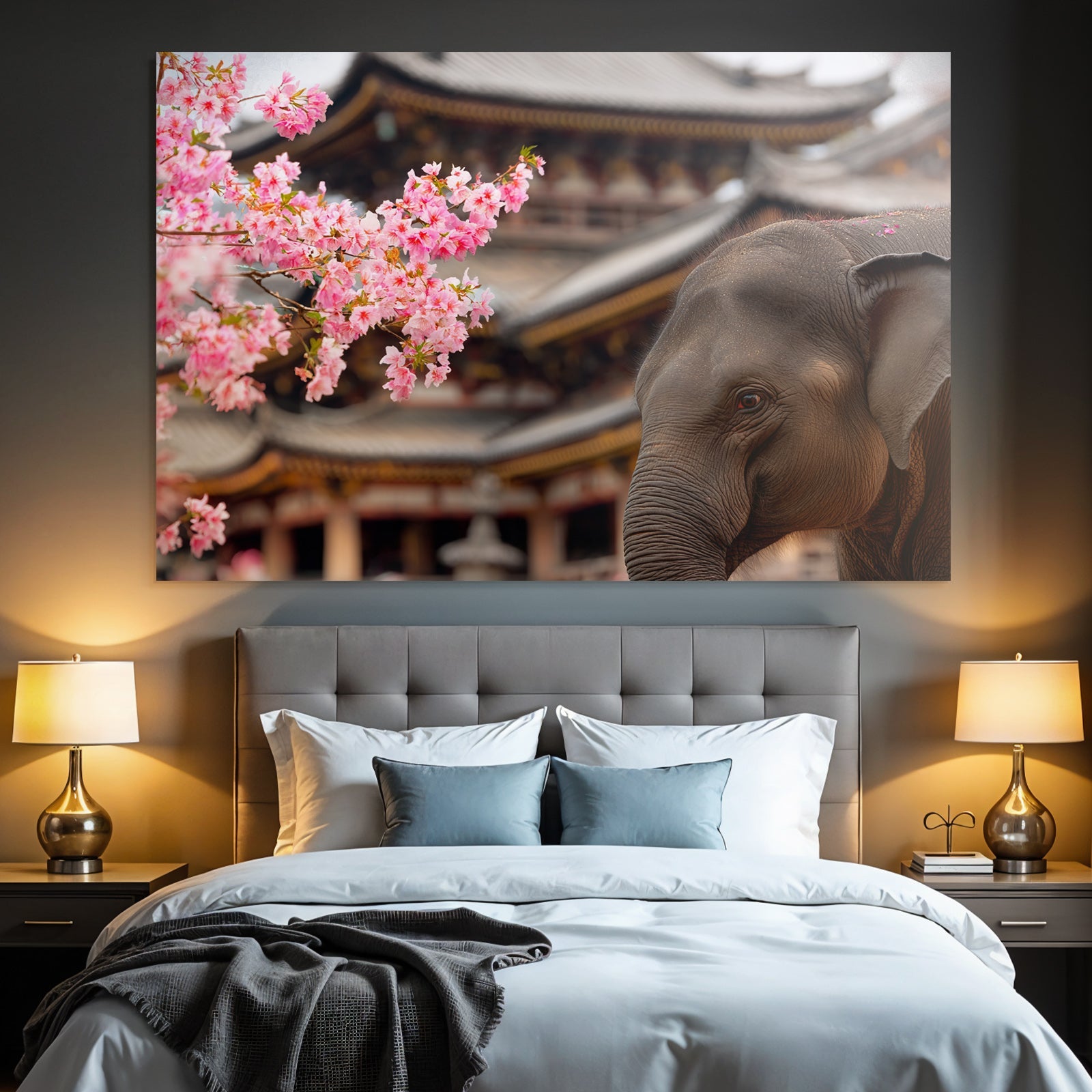 Elefant Vor Rosa Kirschblüten Und Tempel