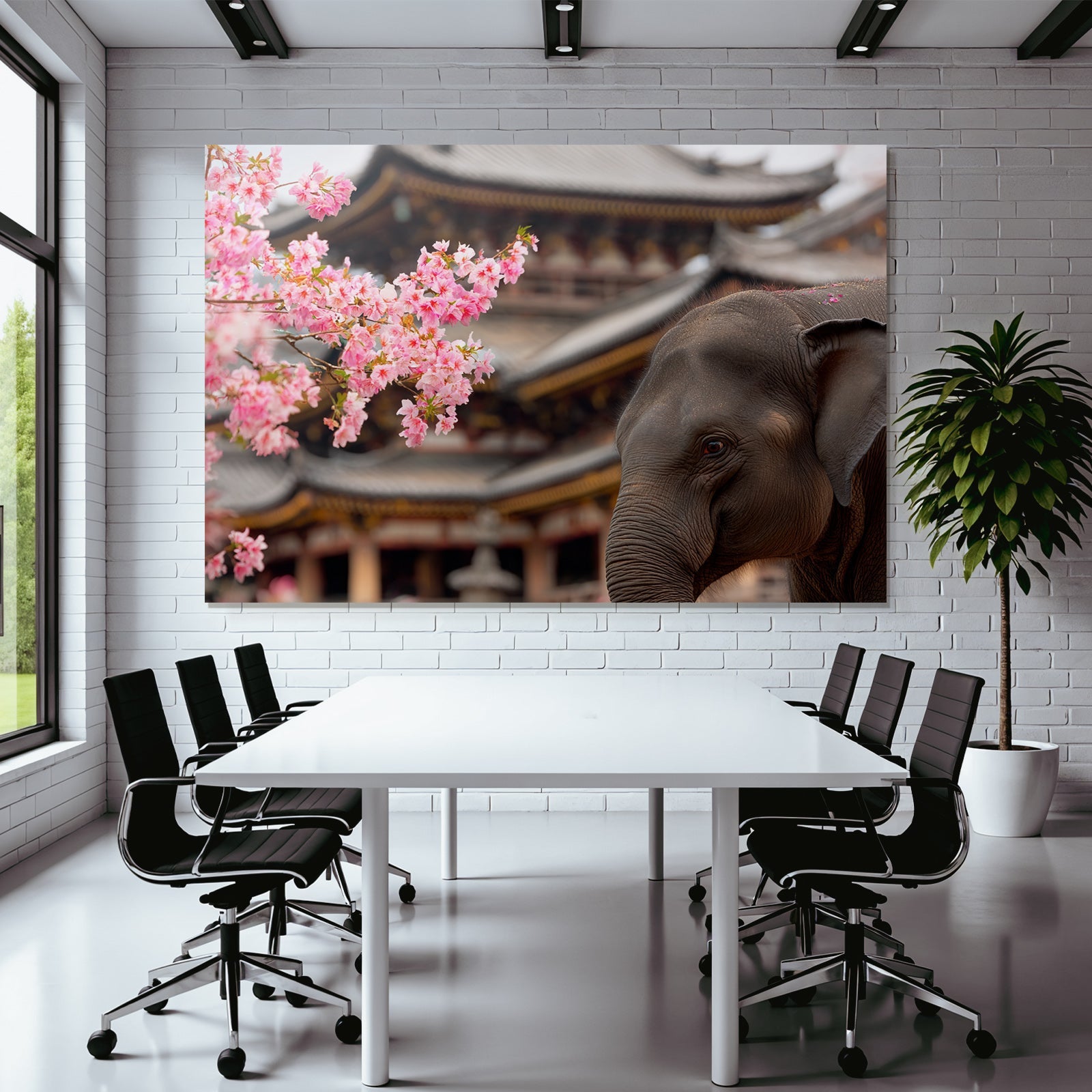 Elefant Vor Rosa Kirschblüten Und Tempel