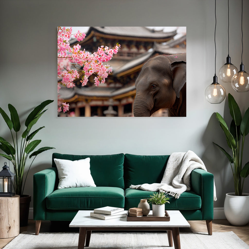 Elefant Vor Rosa Kirschblüten Und Tempel