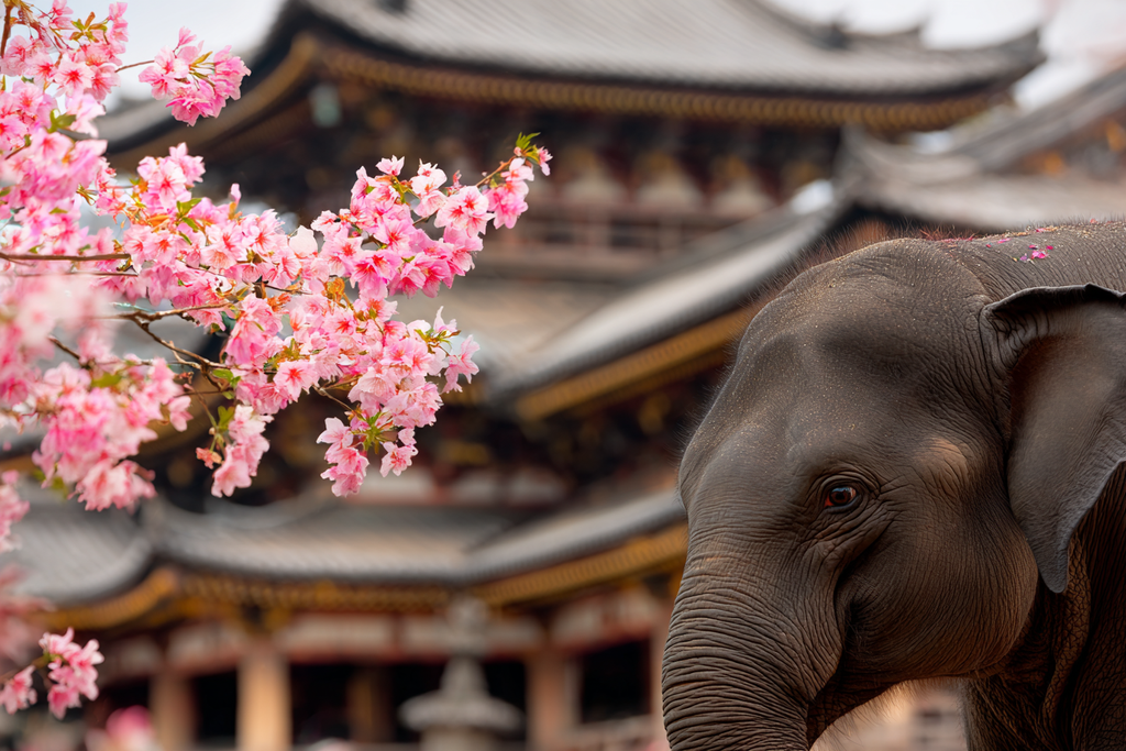 Elefant Vor Rosa Kirschblüten Und Tempel | Asien | Laender und Reisen