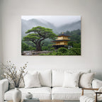 Goldener Tempel In Nebeliger Berglandschaft Mit Einem Baum