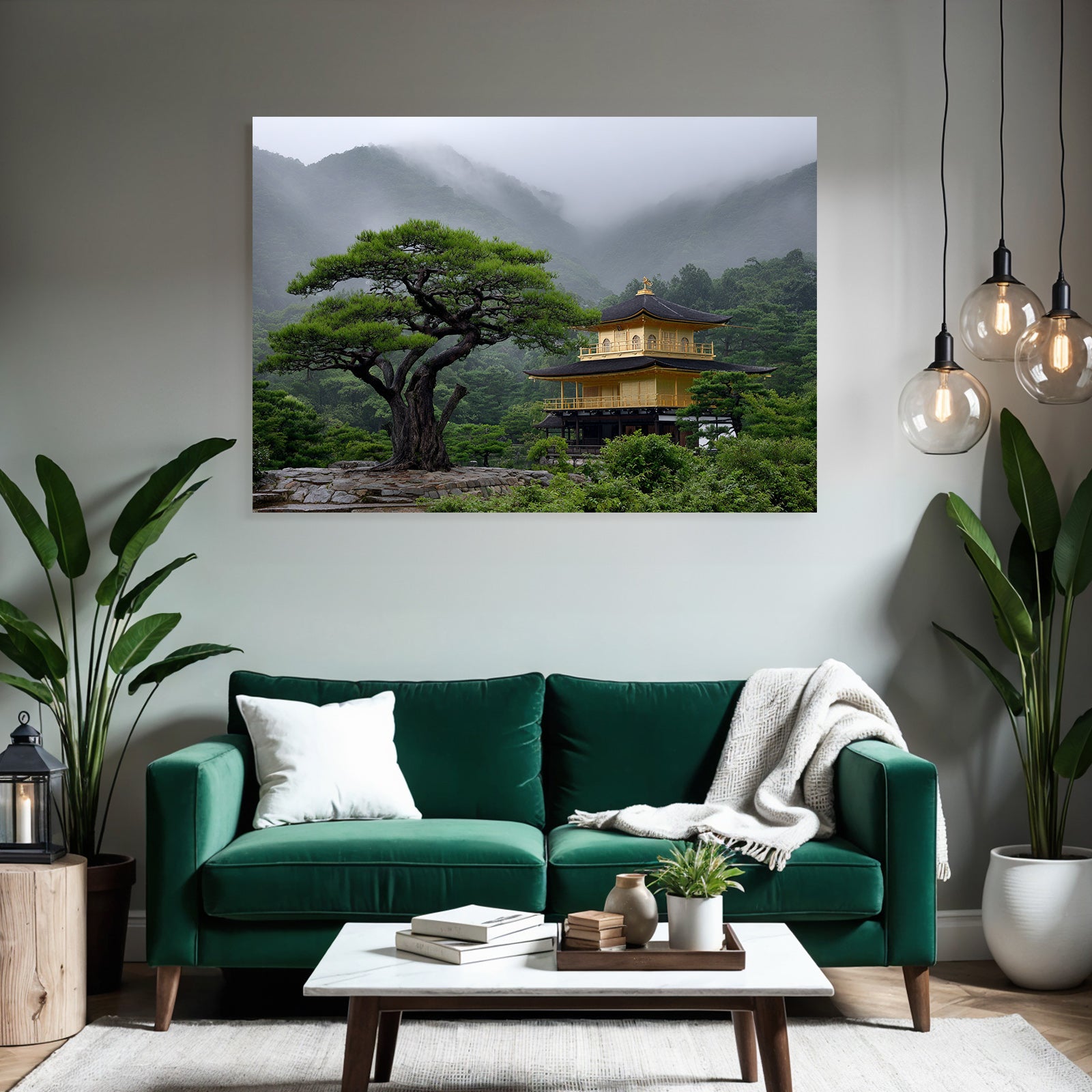 Goldener Tempel In Nebeliger Berglandschaft Mit Einem Baum
