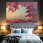 Japanese pagoda and cherry blossoms in front of Mount Fuji