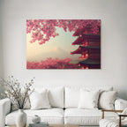 Japanese pagoda and cherry blossoms in front of Mount Fuji