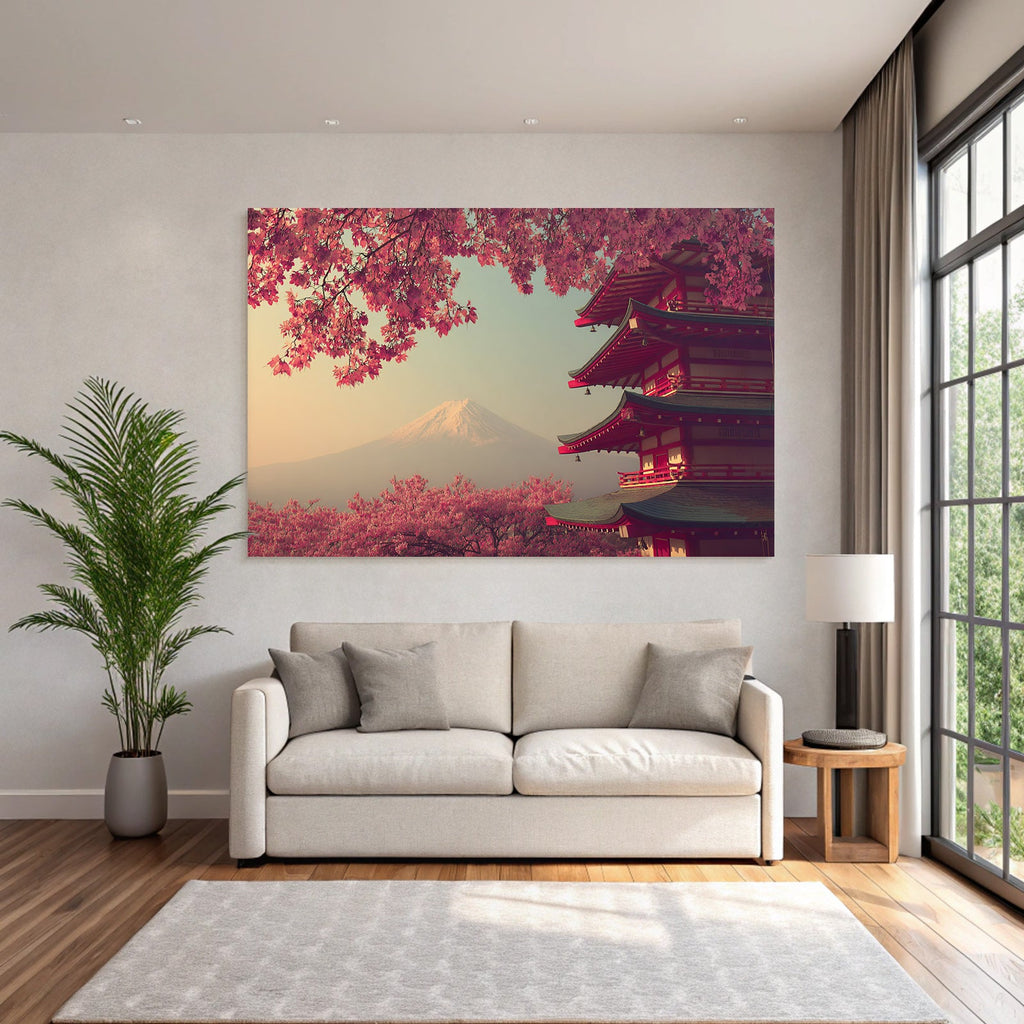 Japanese pagoda and cherry blossoms in front of Mount Fuji