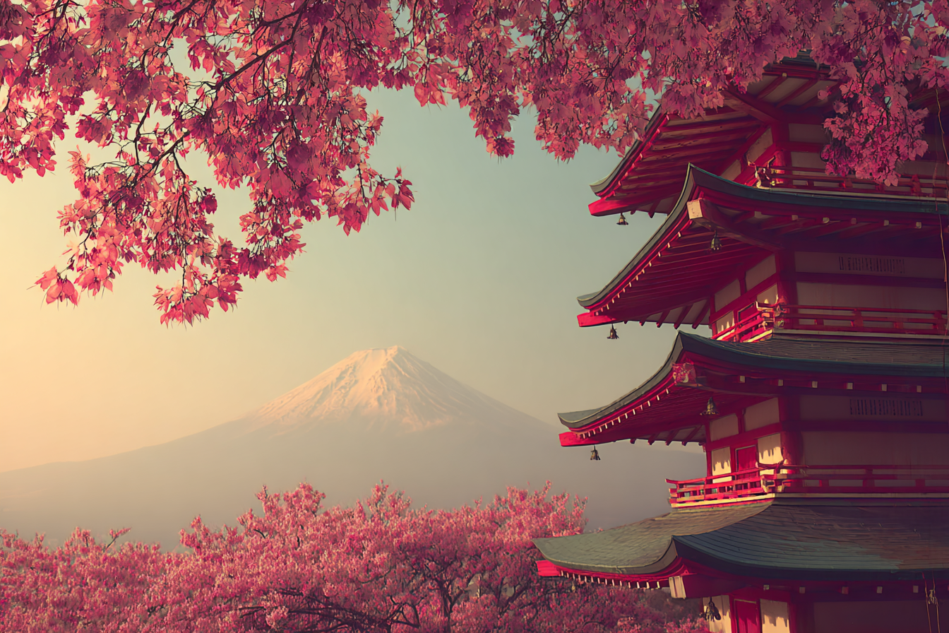 Japanische Pagode Und Kirschblüten Vor Dem Mount Fuji | Asien | Laender und Reisen