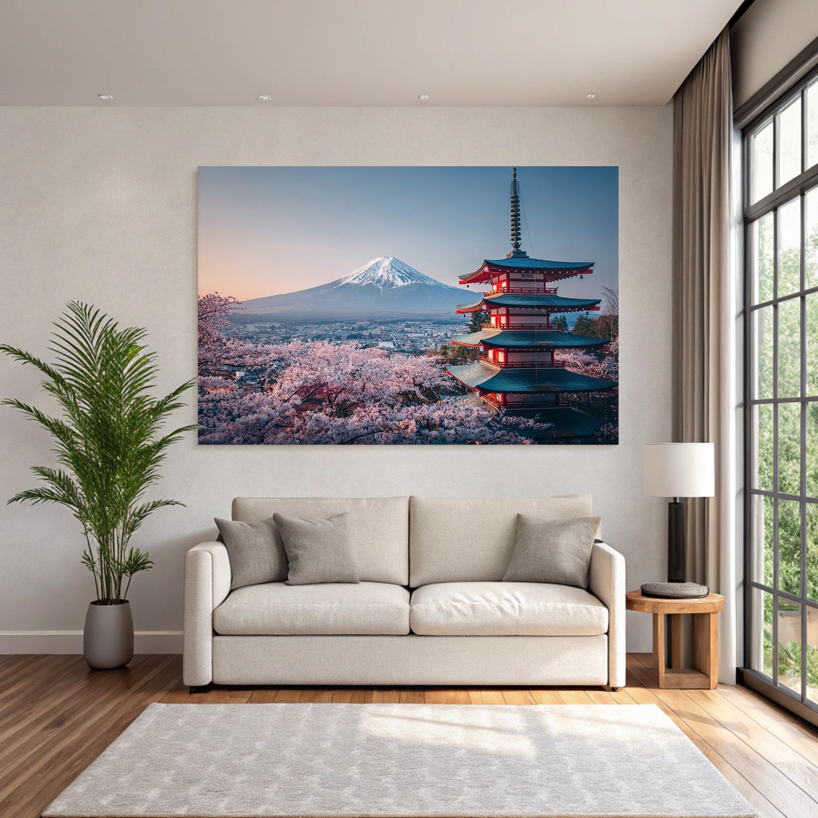 Japanische Pagode Und Kirschblüten Vor Schneebedecktem Berg