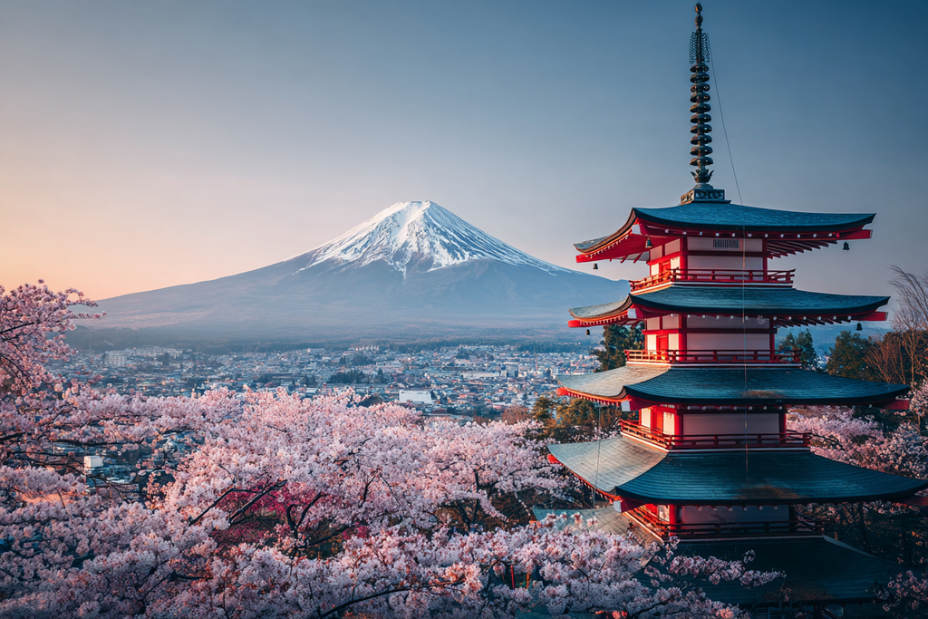 Japanische Pagode Und Kirschblüten Vor Schneebedecktem Berg | Asien | Laender und Reisen