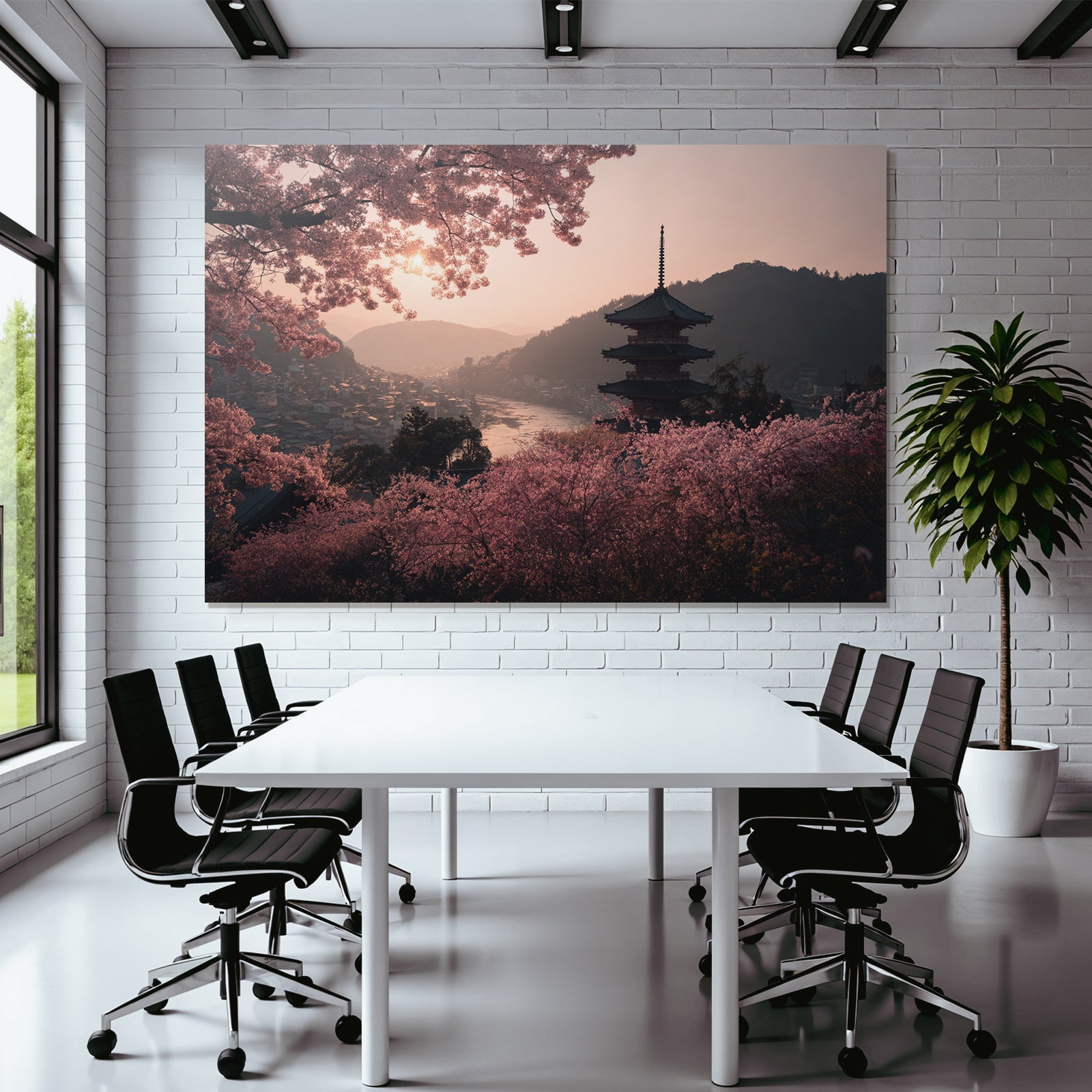 Kirschblüten Und Pagode Am Fluss Mit Bergen Bei Sonnenaufgang