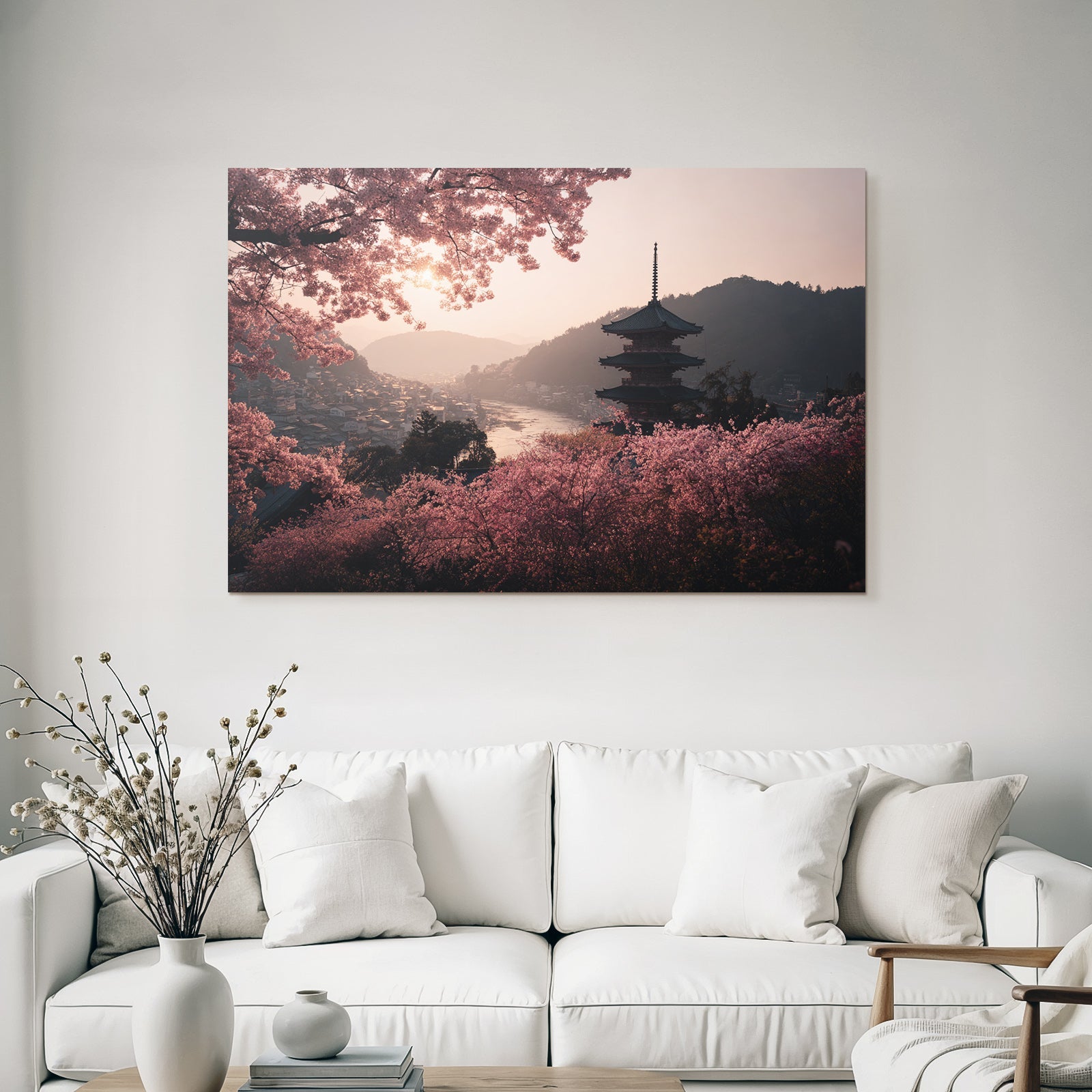 Kirschblüten Und Pagode Am Fluss Mit Bergen Bei Sonnenaufgang