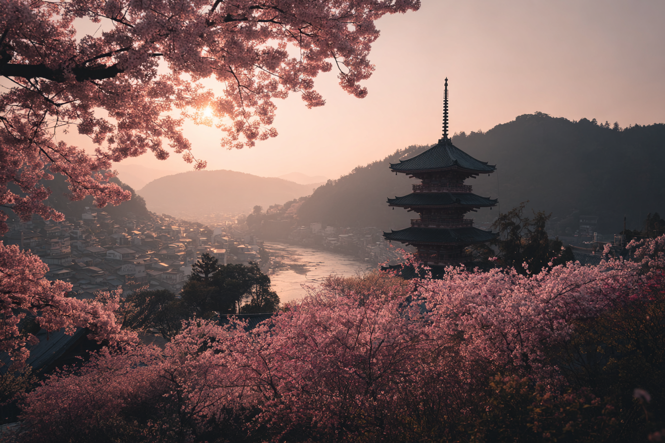 Kirschblüten Und Pagode Am Fluss Mit Bergen Bei Sonnenaufgang | Asien | Laender und Reisen