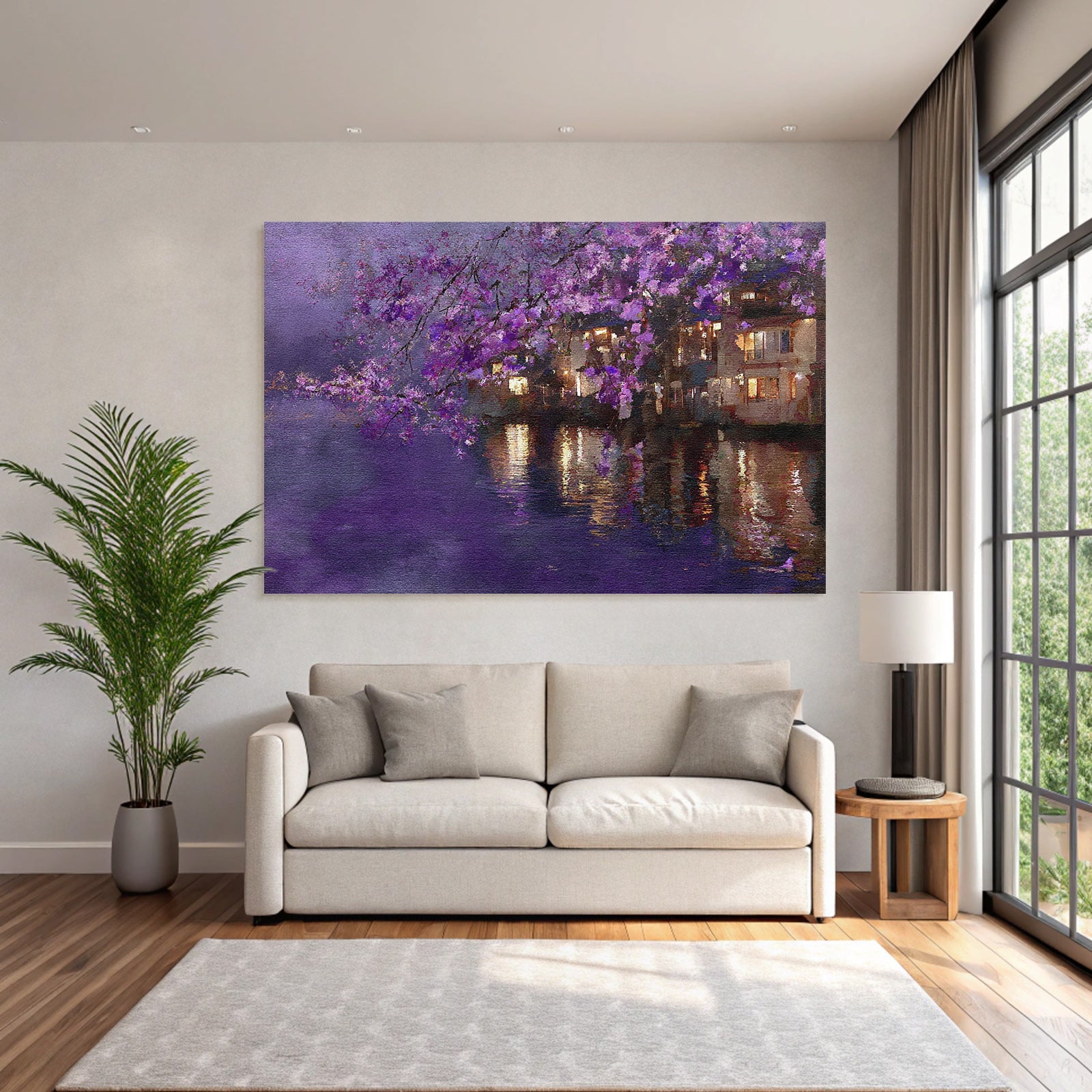 Landschaft Mit Seespiegelung Und Violetten Blüten