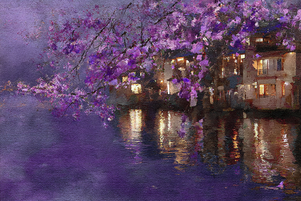 Landschaft Mit Seespiegelung Und Violetten Blüten | Asien | Laender und Reisen