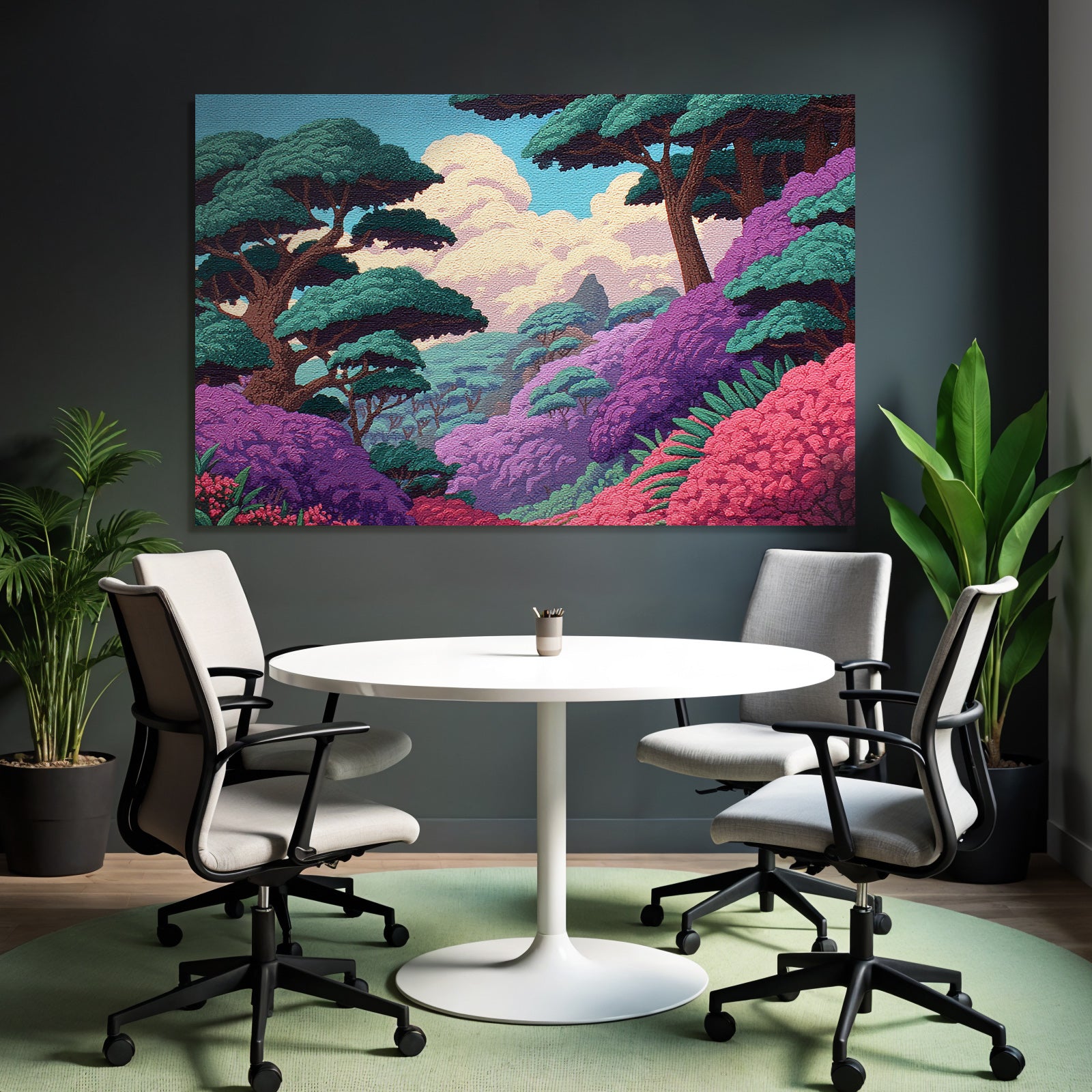 Malerische Landchaft Mit Grünen Bäumen Und Rosa Blüten