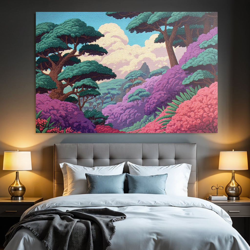Malerische Landchaft Mit Grünen Bäumen Und Rosa Blüten