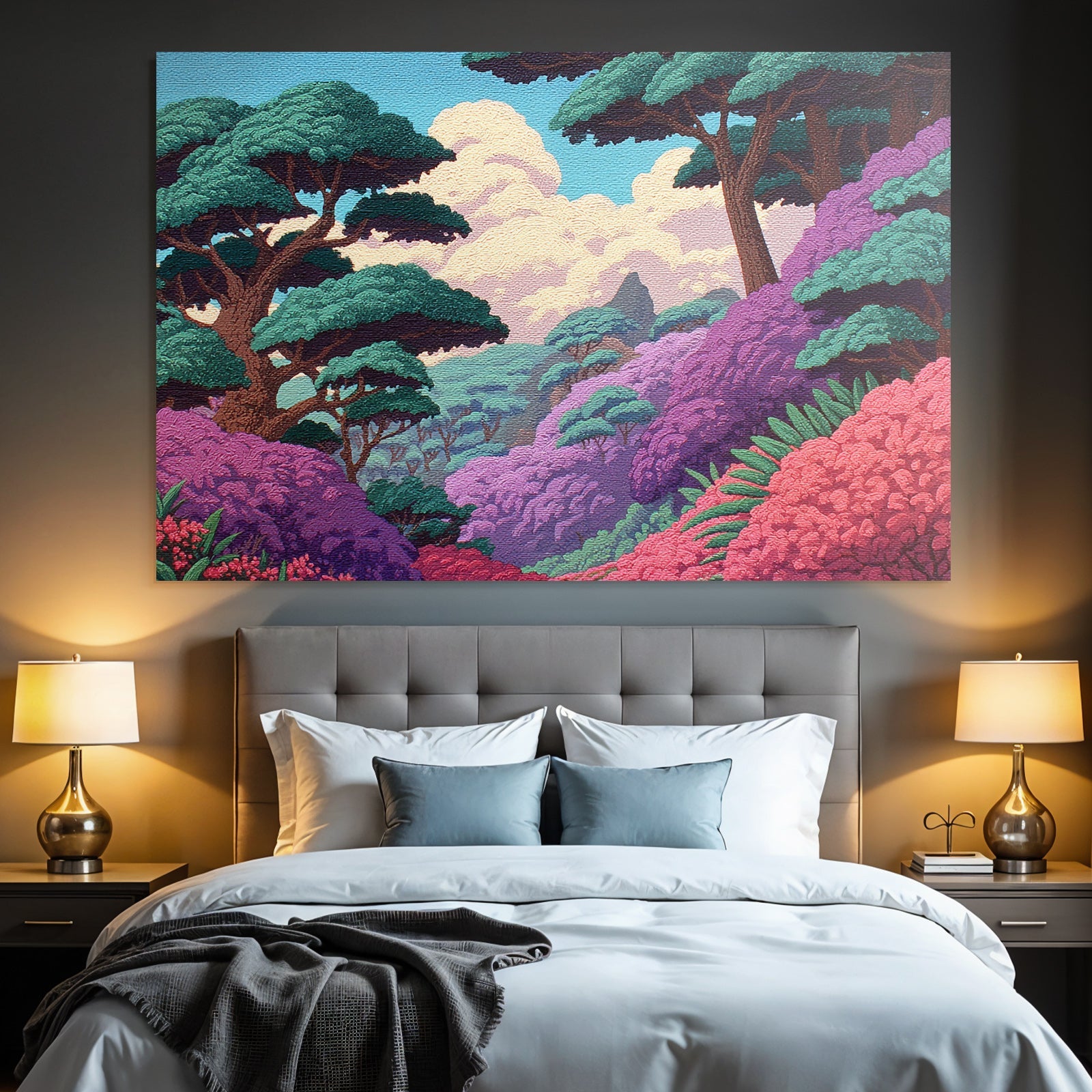 Malerische Landchaft Mit Grünen Bäumen Und Rosa Blüten