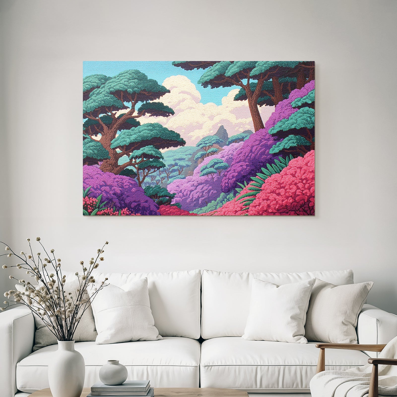 Malerische Landchaft Mit Grünen Bäumen Und Rosa Blüten