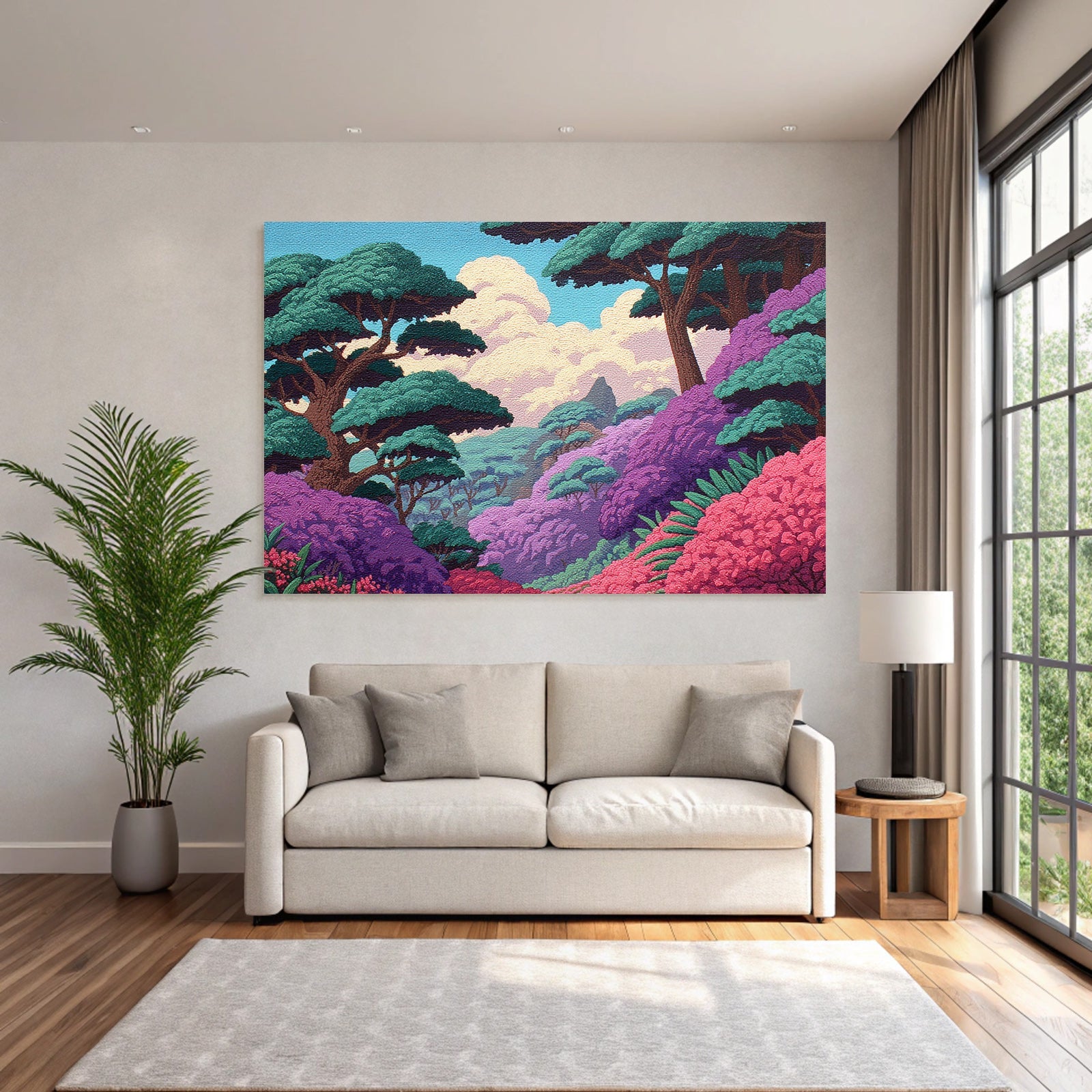 Malerische Landchaft Mit Grünen Bäumen Und Rosa Blüten
