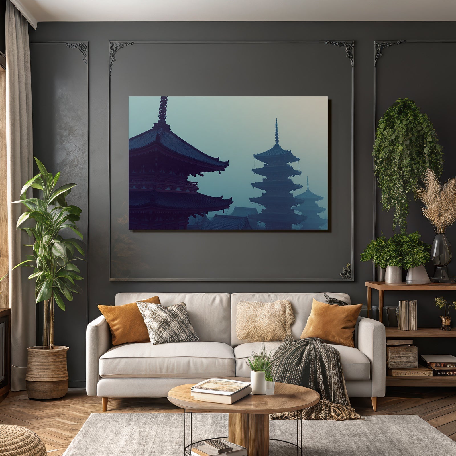 Nebelige Pagodenlandschaft