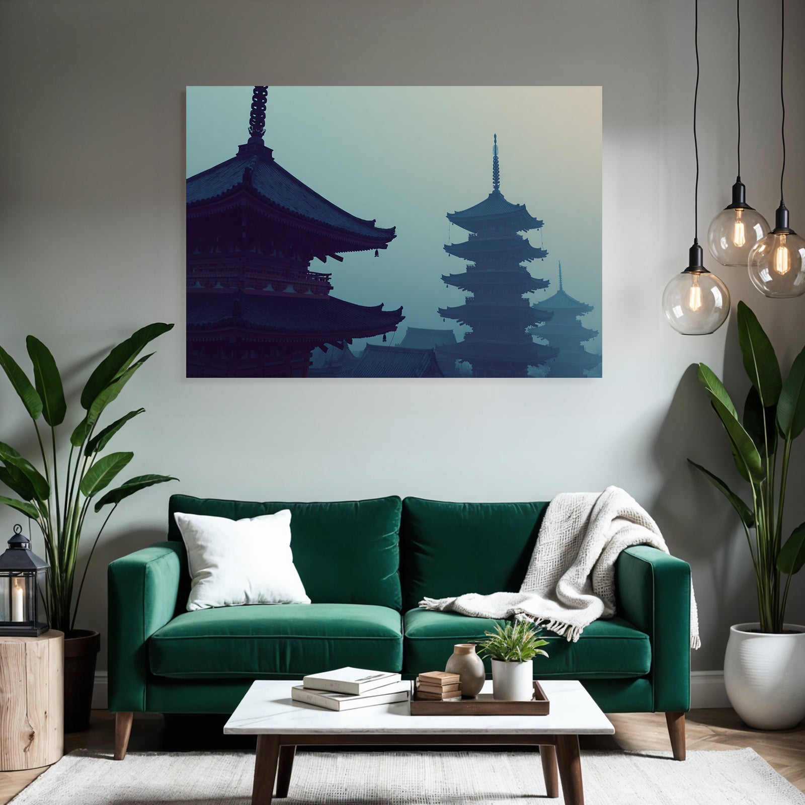 Nebelige Pagodenlandschaft
