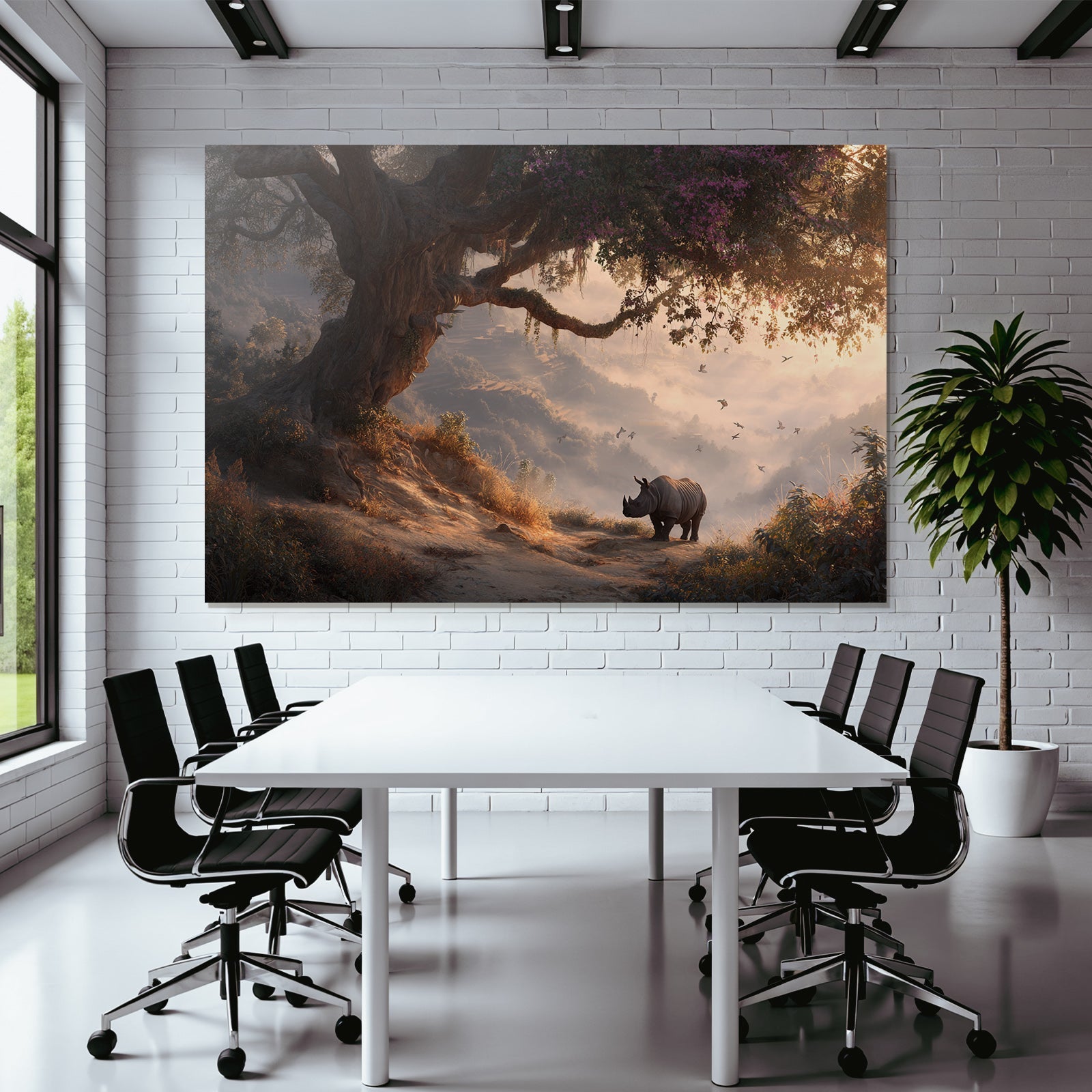 Ruhige Landschaft Mit Nashorn Neben Baum Im Nebel Mit Vogelflug