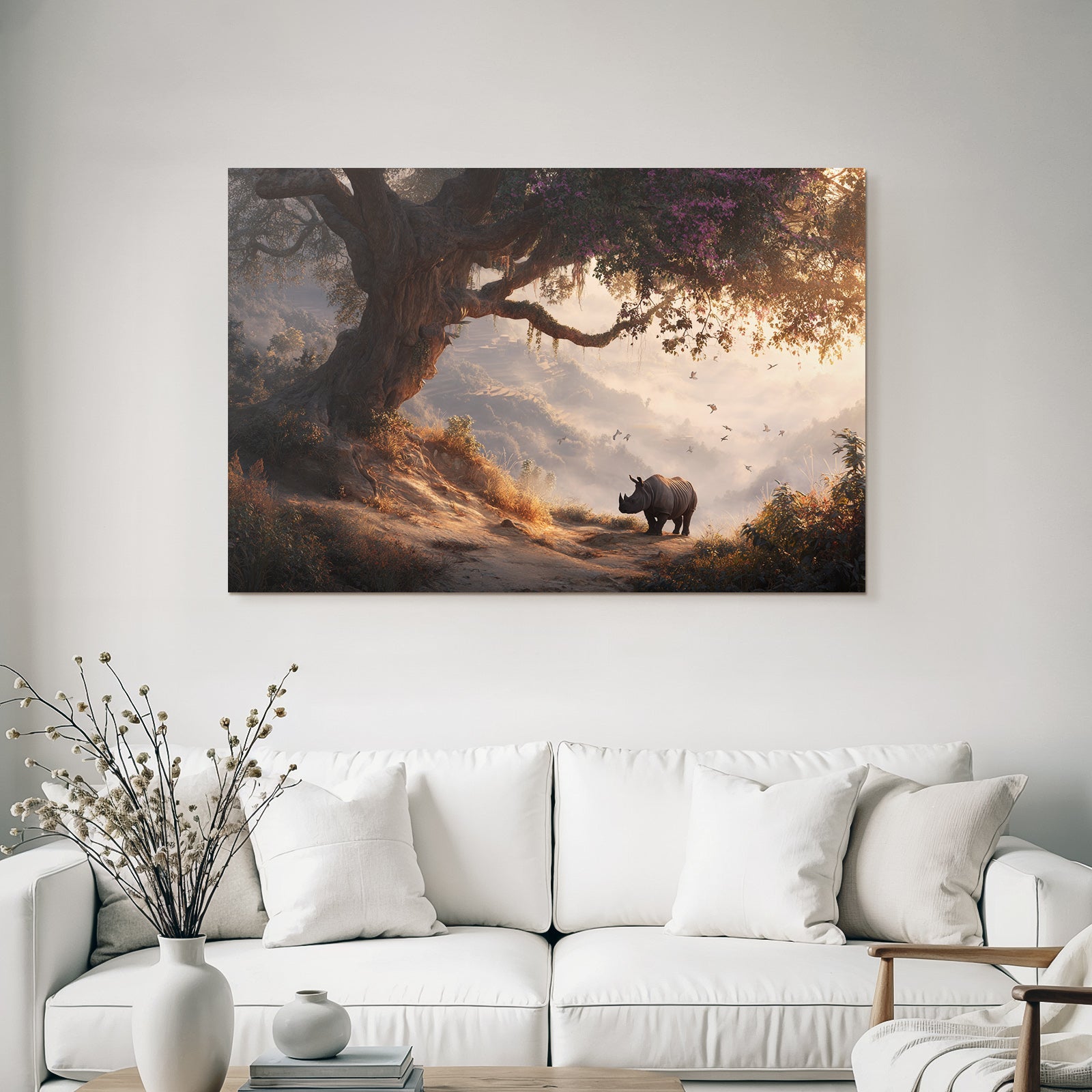 Ruhige Landschaft Mit Nashorn Neben Baum Im Nebel Mit Vogelflug