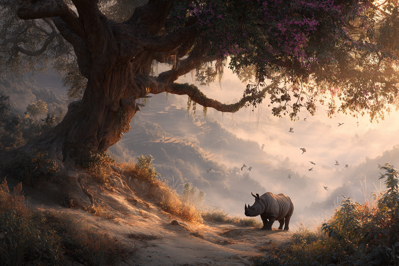 Ruhige Landschaft Mit Nashorn Neben Baum Im Nebel Mit Vogelflug | Asien | Laender und Reisen