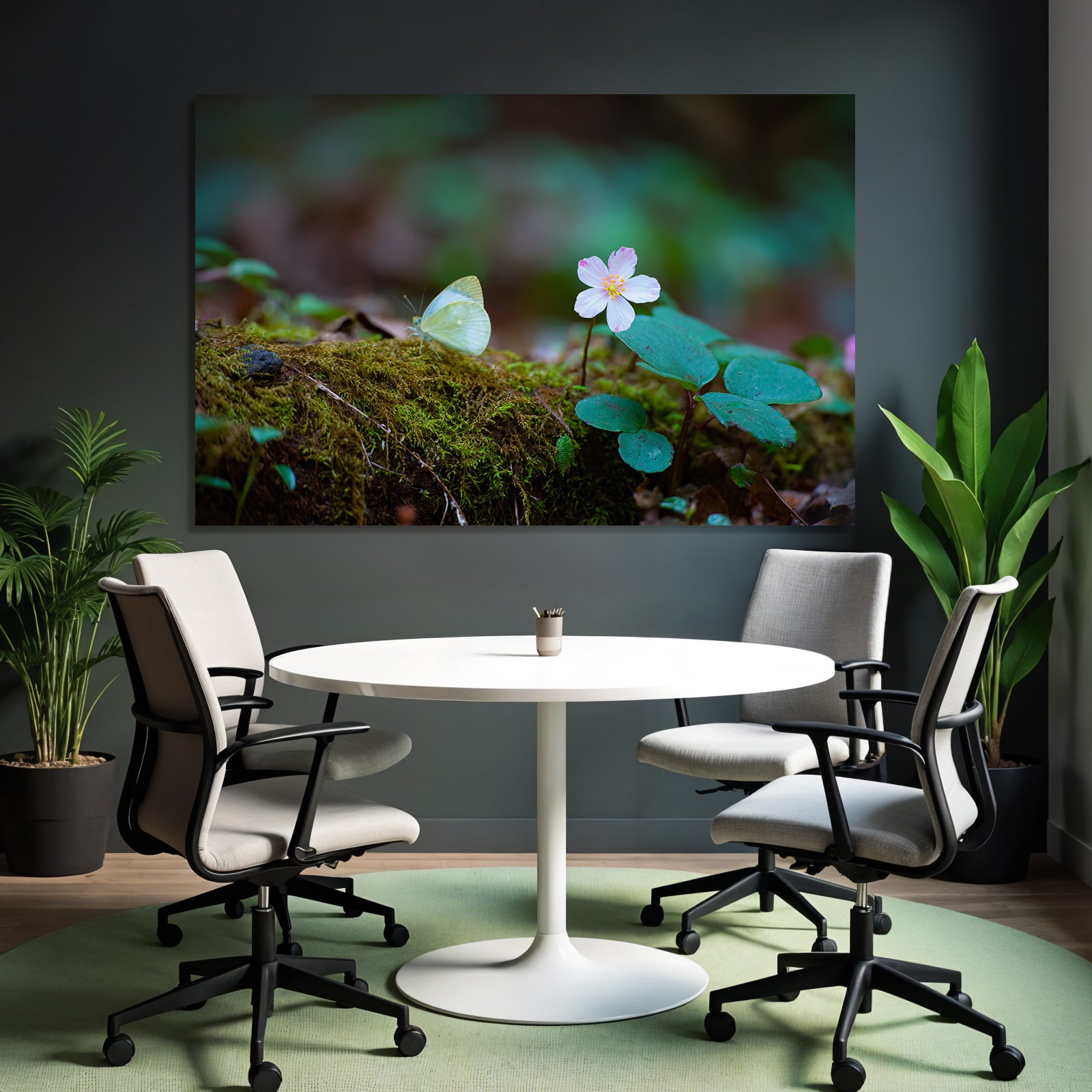 Sanfter Schmetterling Auf Moos Mit Zarter Rosa Blume