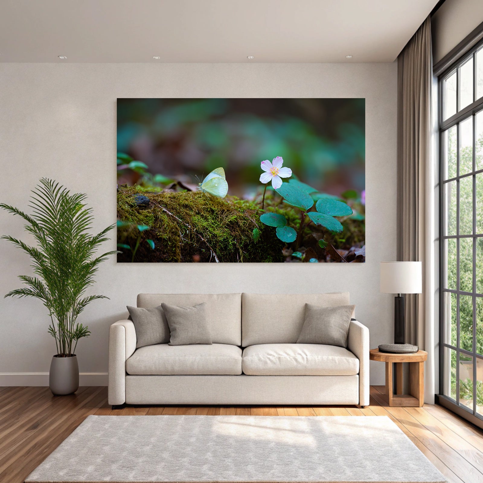 Sanfter Schmetterling Auf Moos Mit Zarter Rosa Blume