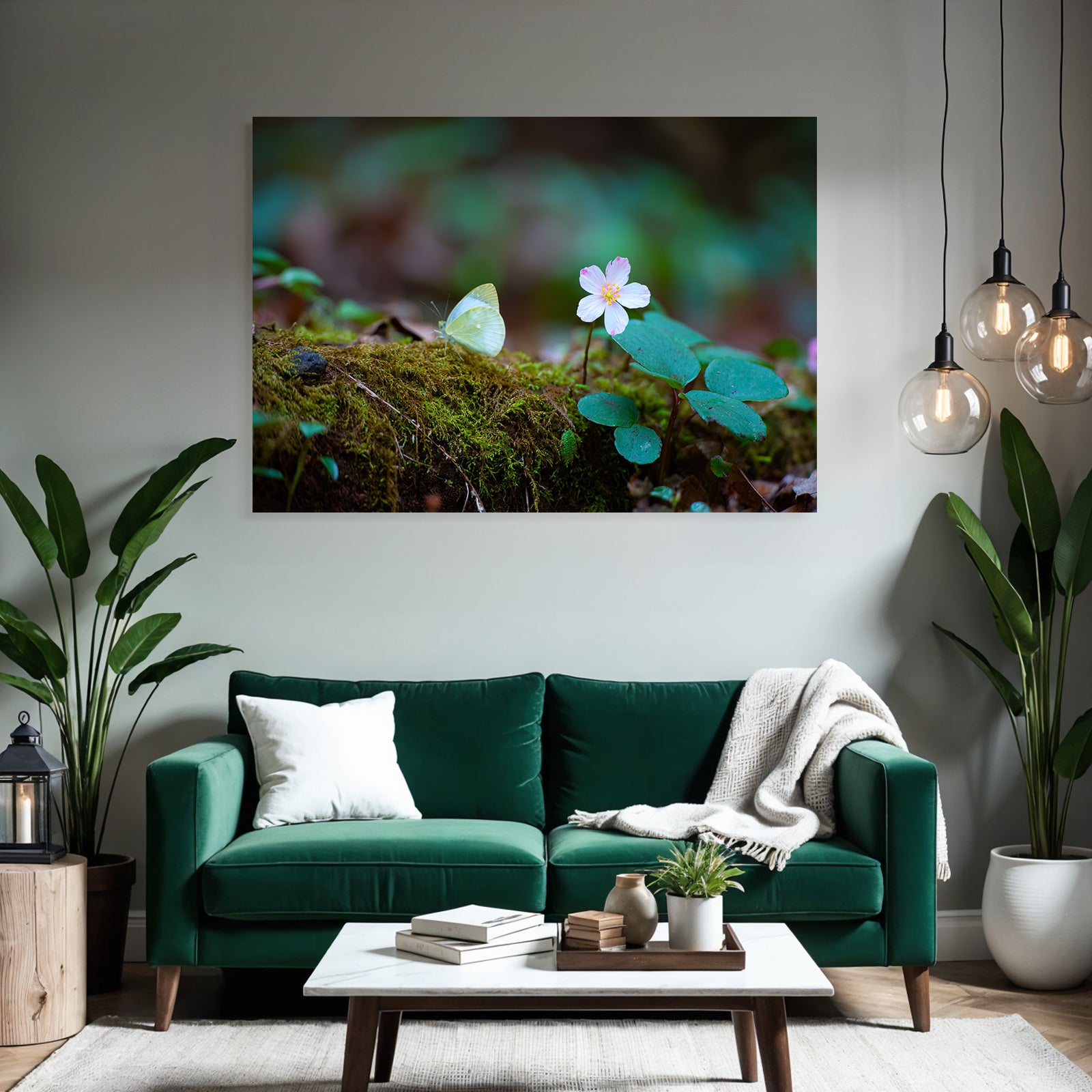 Sanfter Schmetterling Auf Moos Mit Zarter Rosa Blume