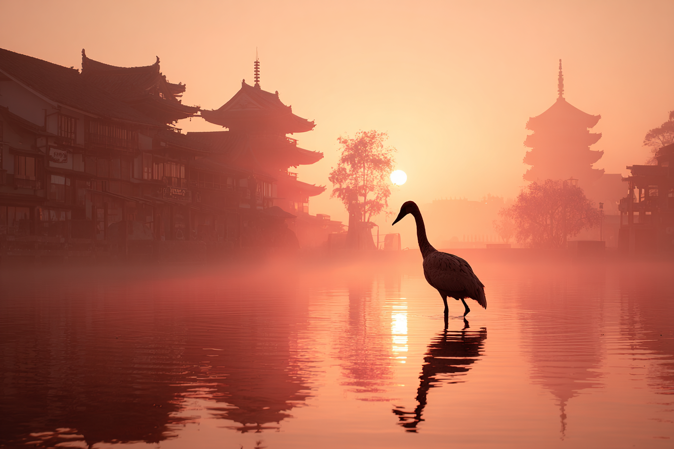 Sonnenaufgang Silhoütten Traditioneller Architektur Und Watender Vogel Im Nebel | Asien | Laender und Reisen